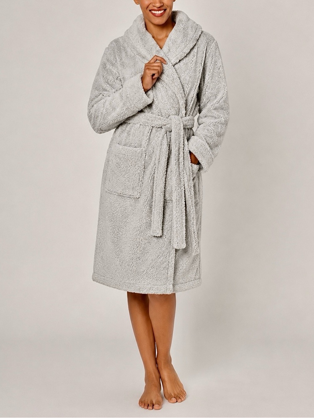 BERKSHIRE Sherpa Fleece Robe M Cozy Bathrobe Pockets Tie Waist Loungewear Gray
